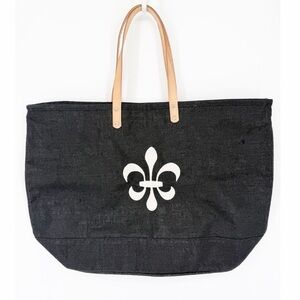 Ballard Black Fleur de Lis Large Jute Tote Zipper Close